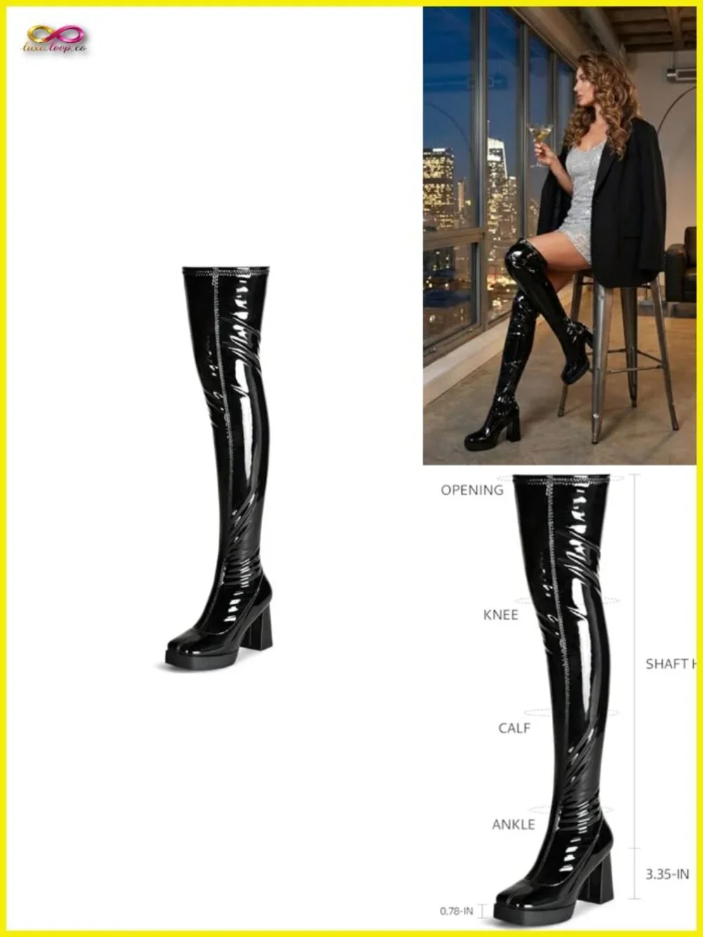 Platform Thigh High Boots GoGo Square Toe Chunky Heels Patent Leather PU Over